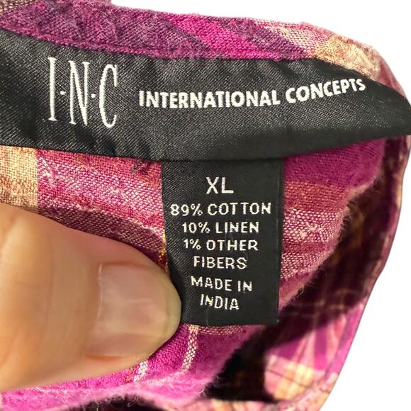 INC International Concepts Madison Plaid Puff-Sleeve Linen Blend Blouse XL - Picture 7 of 7